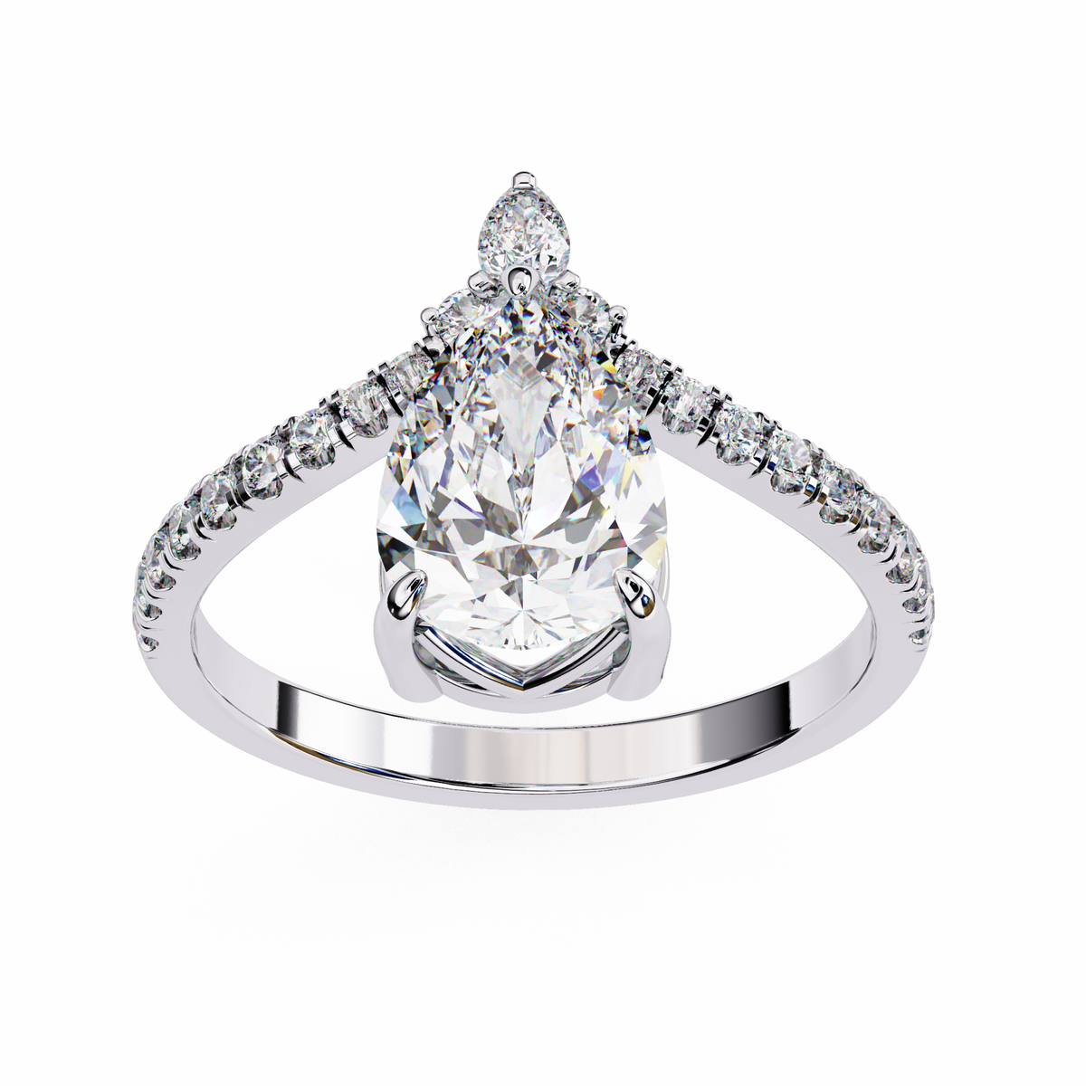 White Gold Pear Cut Diamond Crown Ring with Marquise Accent and Pavé Chevron Band