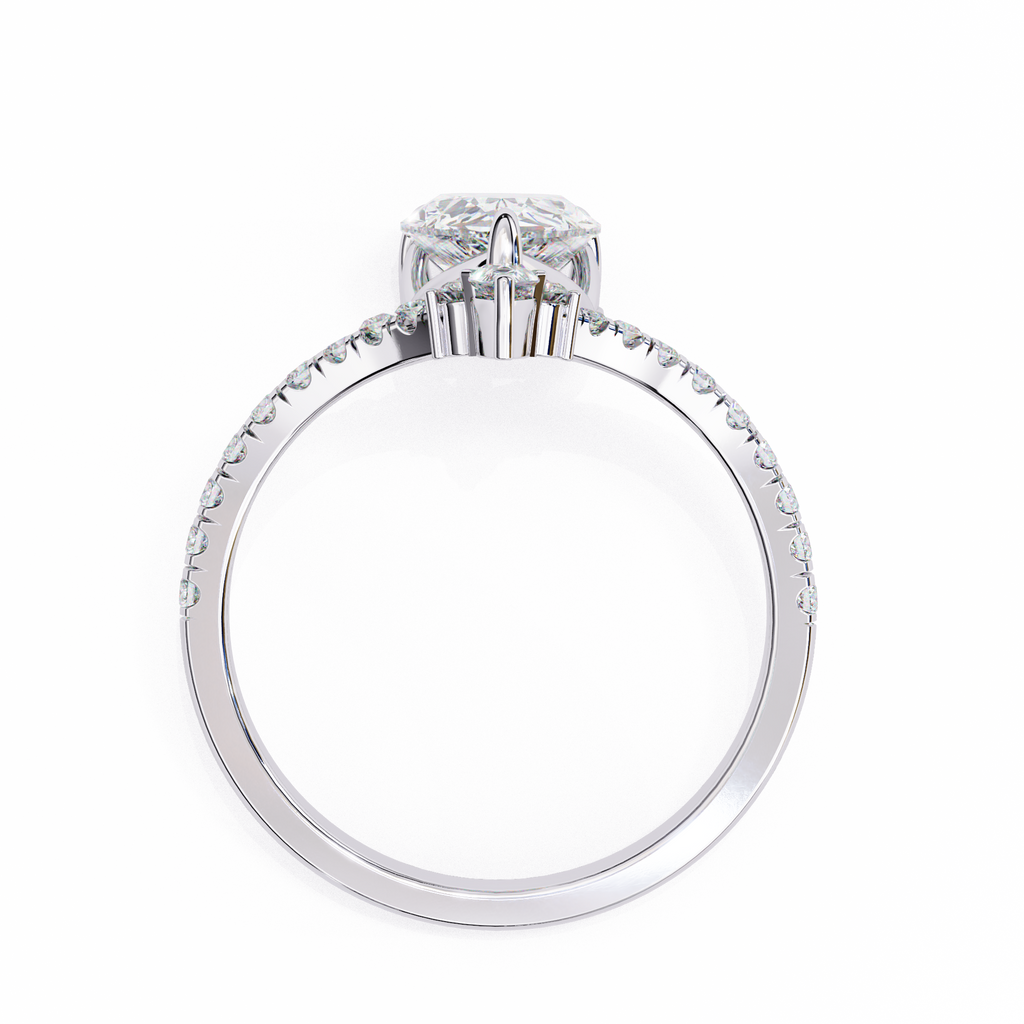 White Gold Pear Cut Diamond Crown Ring with Marquise Accent and Pavé Chevron Band