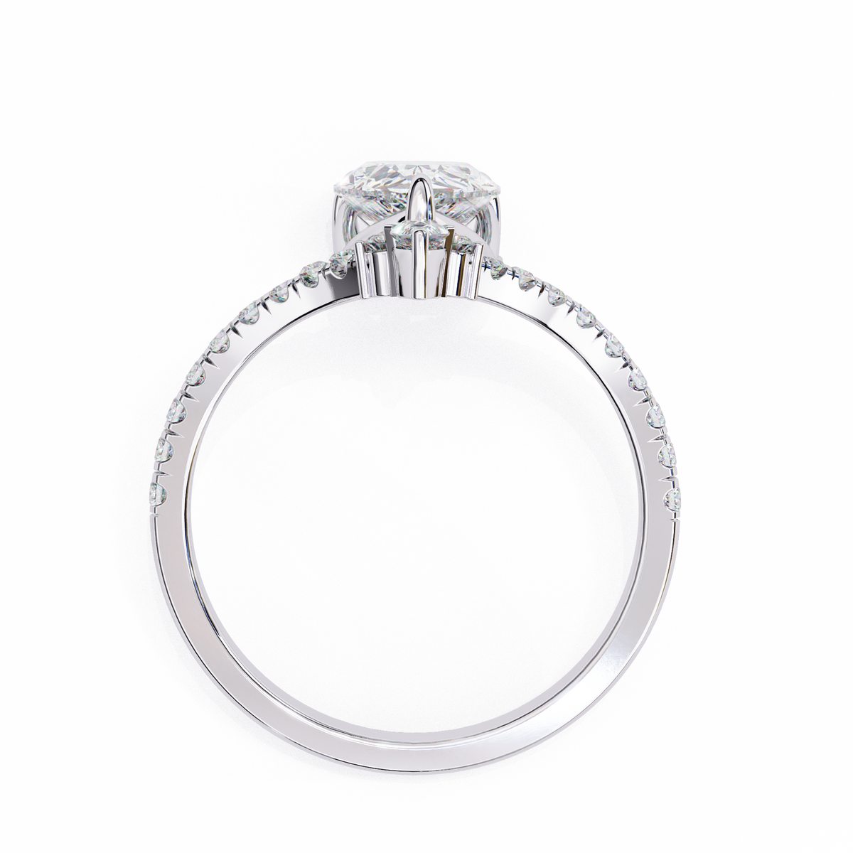 White Gold Pear Cut Diamond Crown Ring with Marquise Accent and Pavé Chevron Band