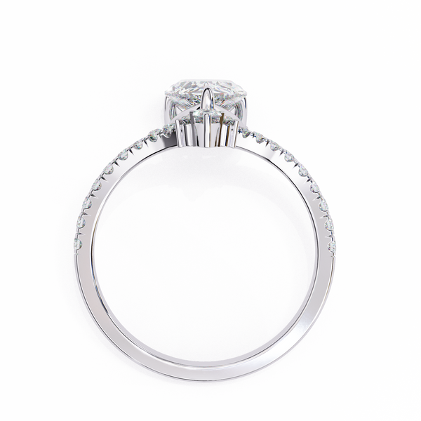White Gold Pear Cut Diamond Crown Ring with Marquise Accent and Pavé Chevron Band