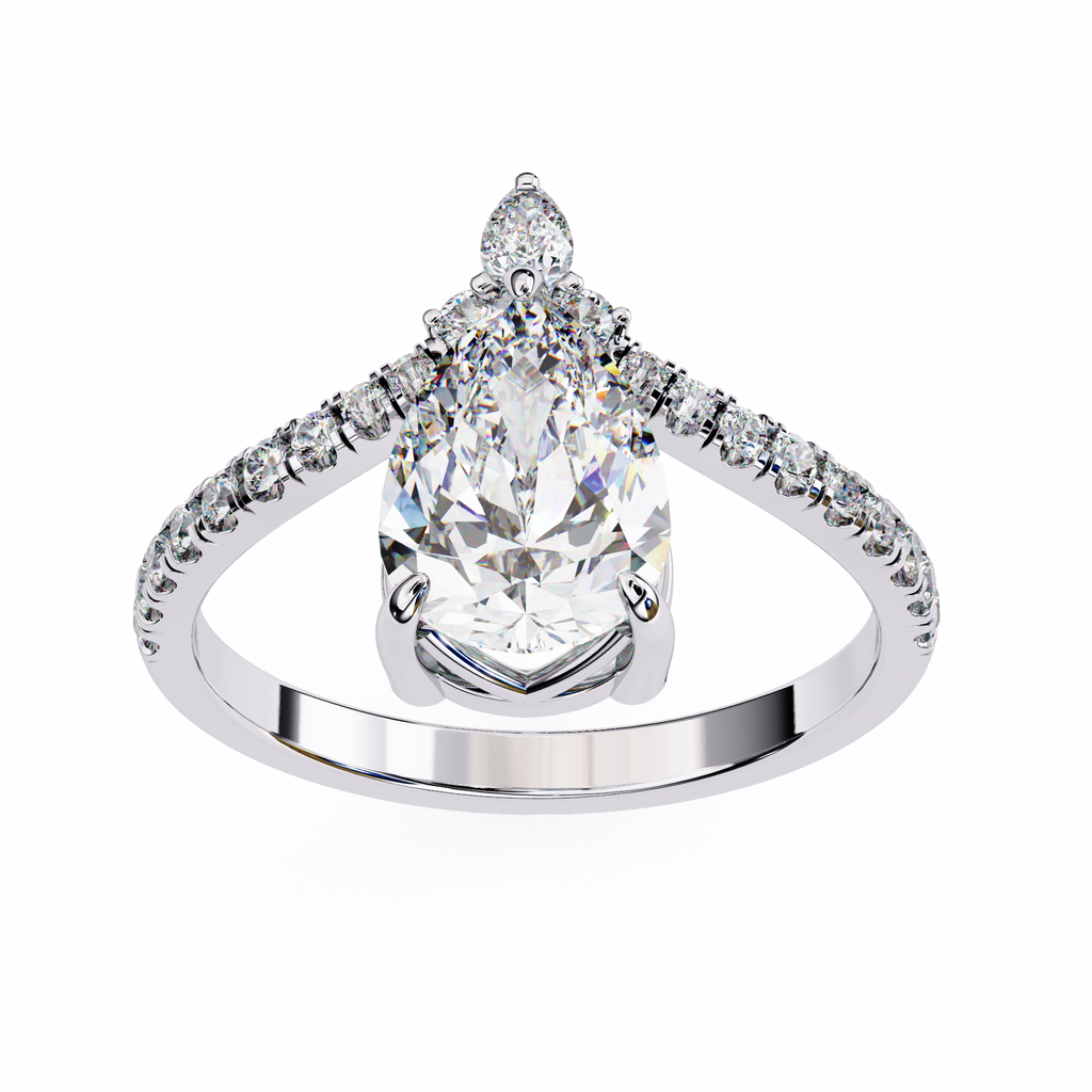 White Gold Pear Cut Diamond Crown Ring with Marquise Accent and Pavé Chevron Band