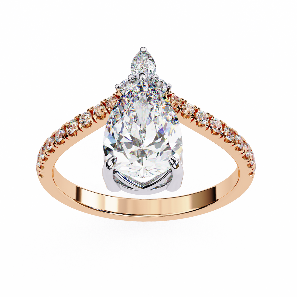 Rose Gold Pear Cut Diamond Crown Ring with Marquise Accent and Pavé Chevron Band