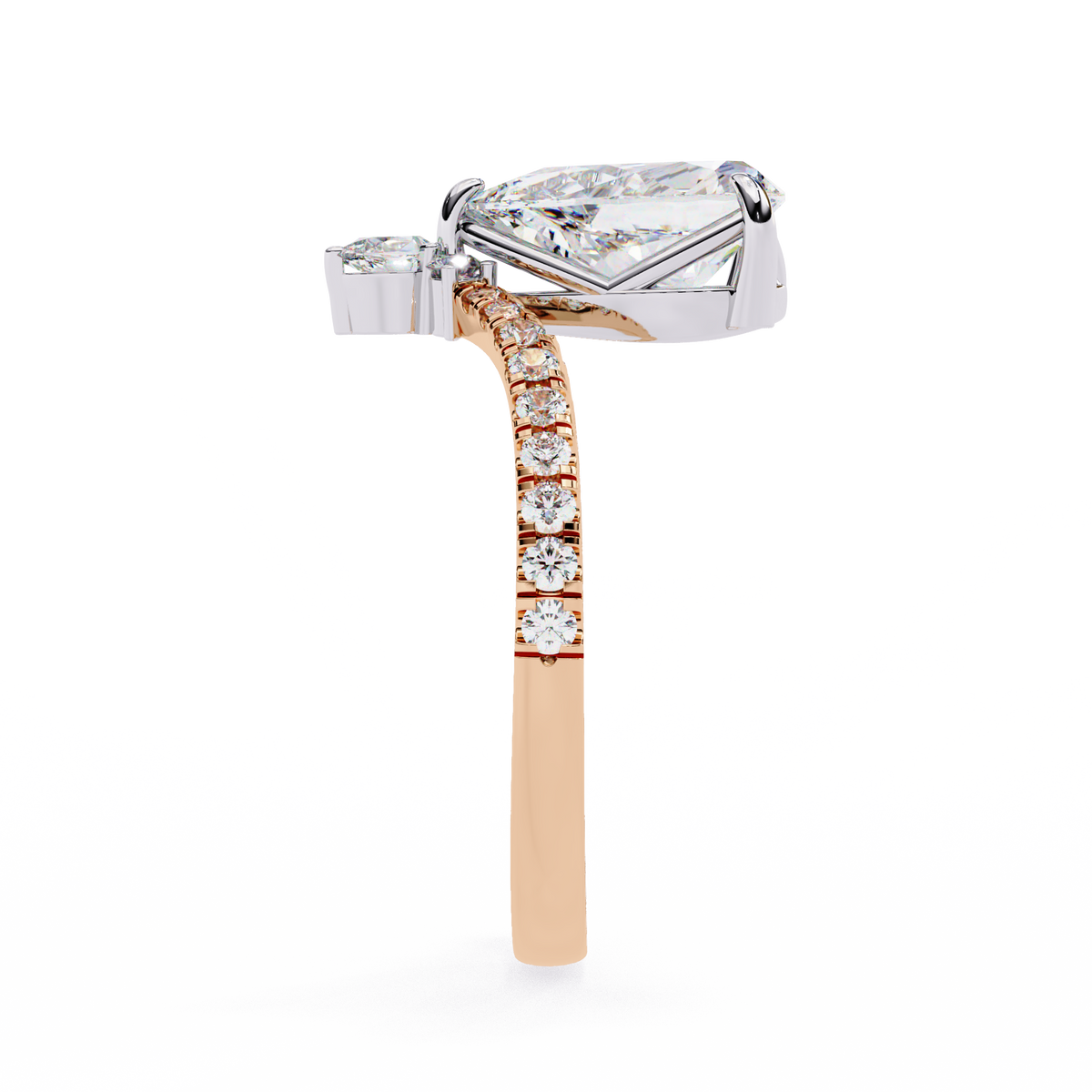 Rose Gold Pear Cut Diamond Crown Ring with Marquise Accent and Pavé Chevron Band