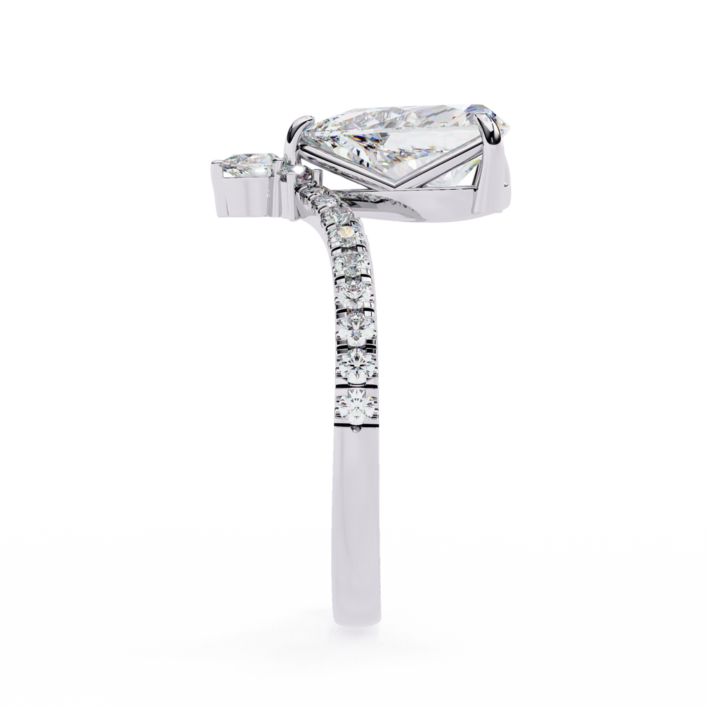 White Gold Pear Cut Diamond Crown Ring with Marquise Accent and Pavé Chevron Band