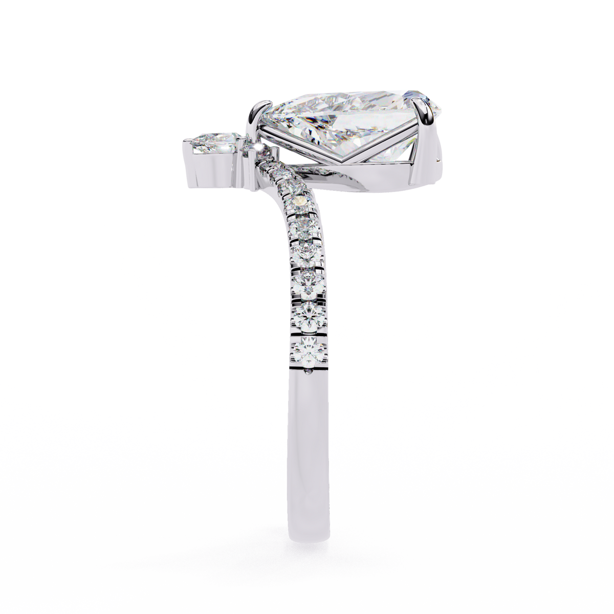 White Gold Pear Cut Diamond Crown Ring with Marquise Accent and Pavé Chevron Band