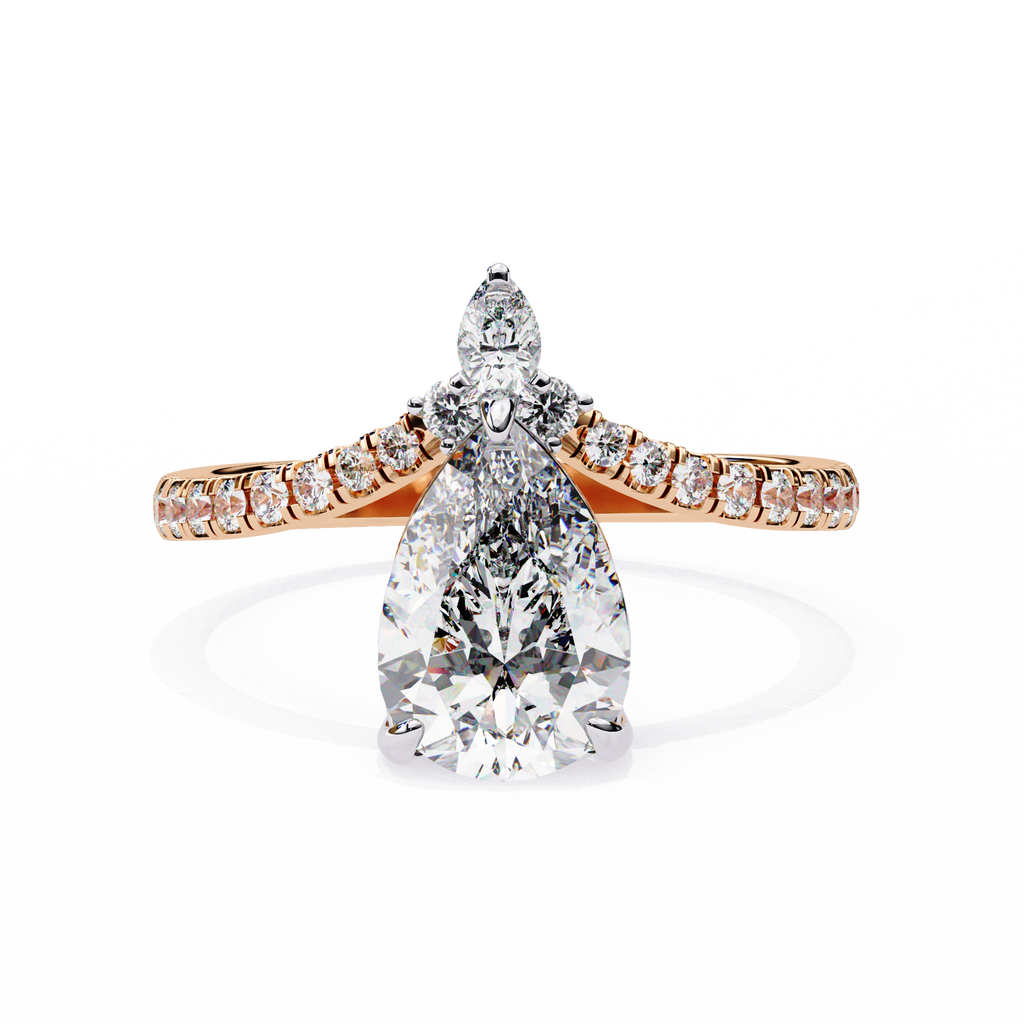 Rose Gold Pear Cut Diamond Crown Ring with Marquise Accent and Pavé Chevron Band