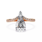 Rose Gold Pear Cut Diamond Crown Ring with Marquise Accent and Pavé Chevron Band