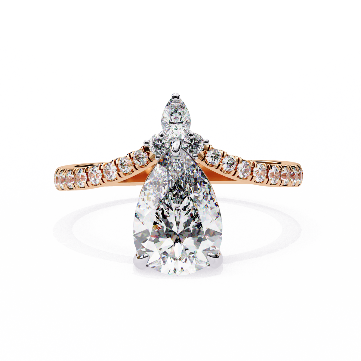 Rose Gold Pear Cut Diamond Crown Ring with Marquise Accent and Pavé Chevron Band