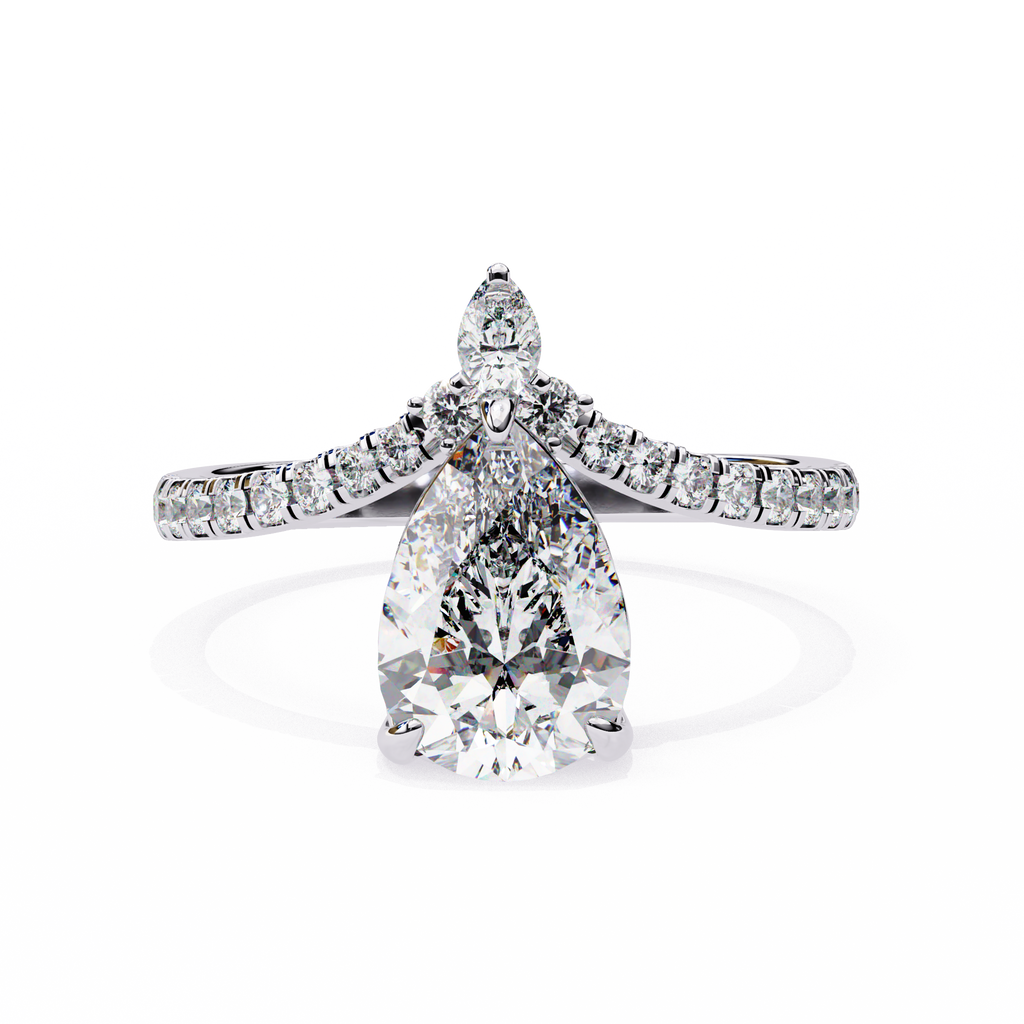 White Gold Pear Cut Diamond Crown Ring with Marquise Accent and Pavé Chevron Band