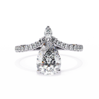 White Gold Pear Cut Diamond Crown Ring with Marquise Accent and Pavé Chevron Band