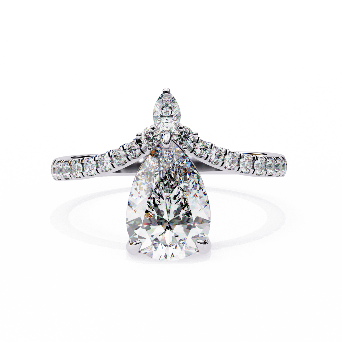 White Gold Pear Cut Diamond Crown Ring with Marquise Accent and Pavé Chevron Band