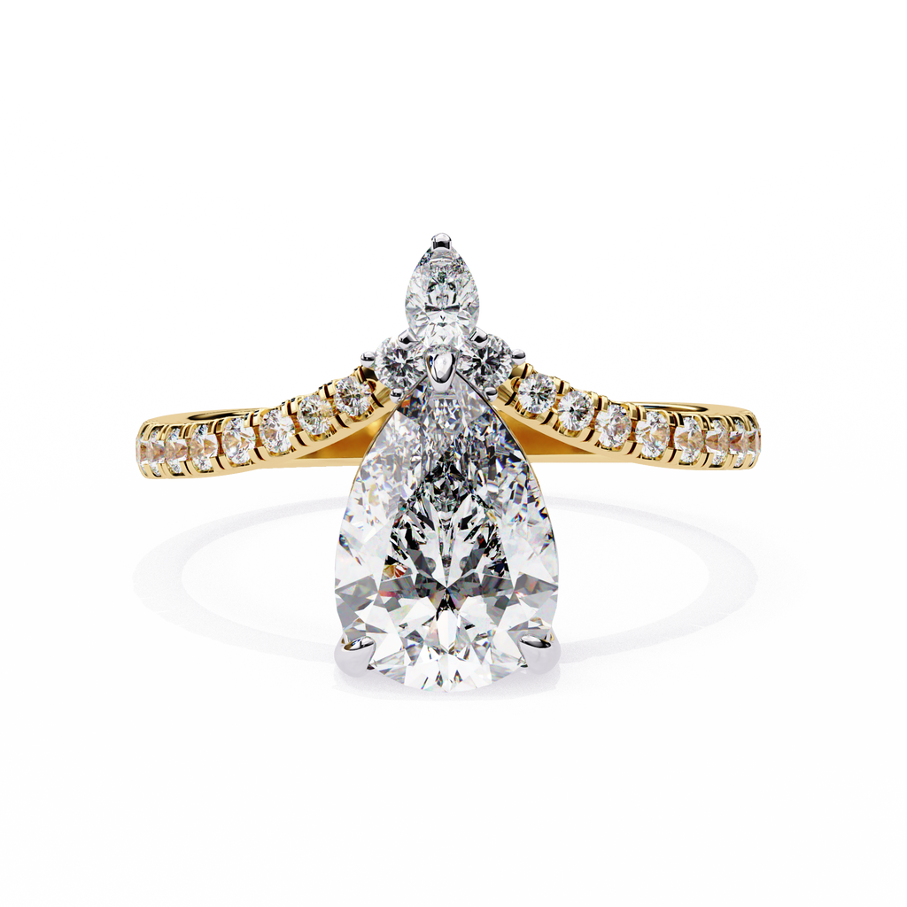 Yellow Gold Pear Cut Diamond Crown Ring with Marquise Accent