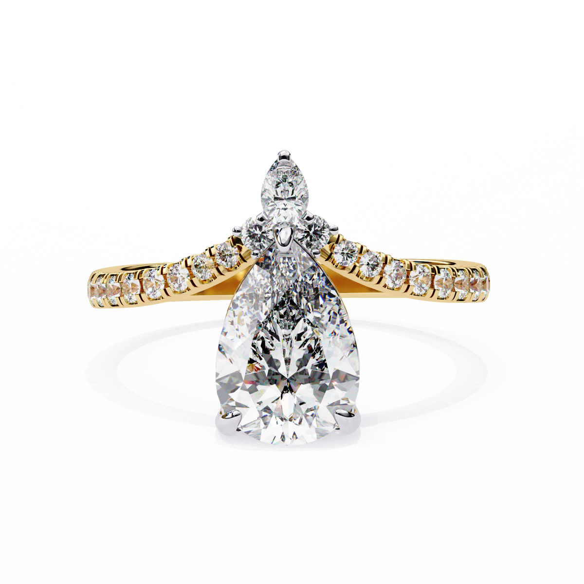 Yellow Gold Pear Cut Diamond Crown Ring with Marquise Accent