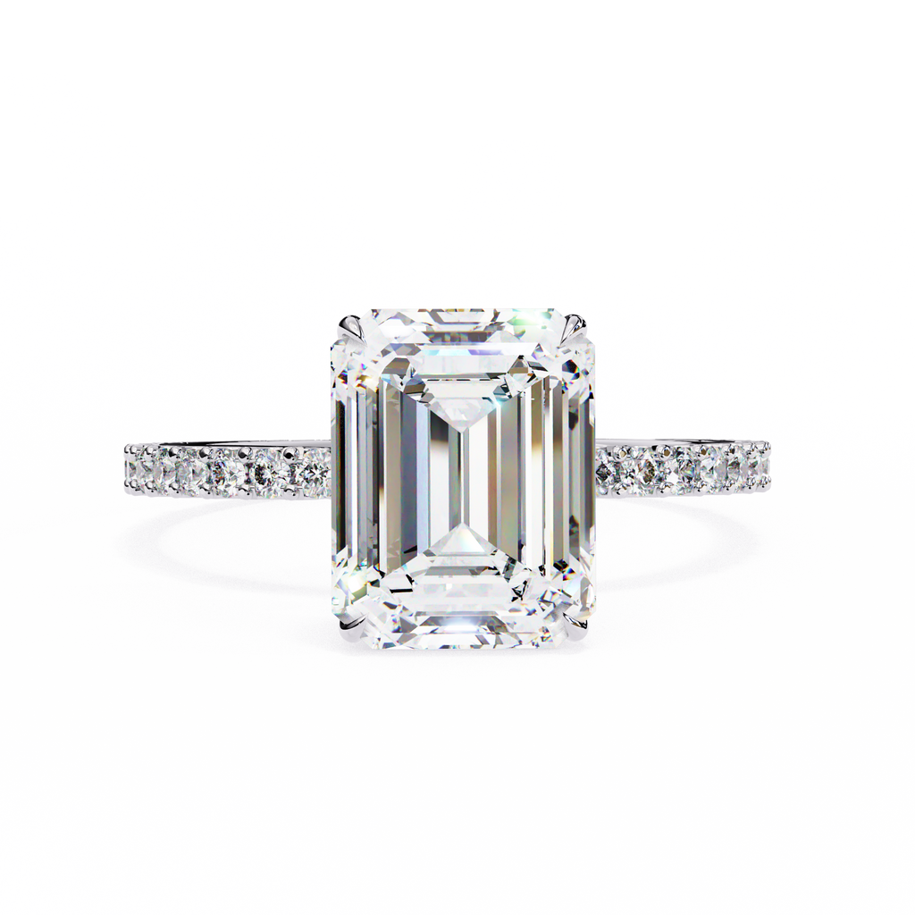 White Gold Emerald-Cut Diamond Solitaire Pavé Engagement Ring