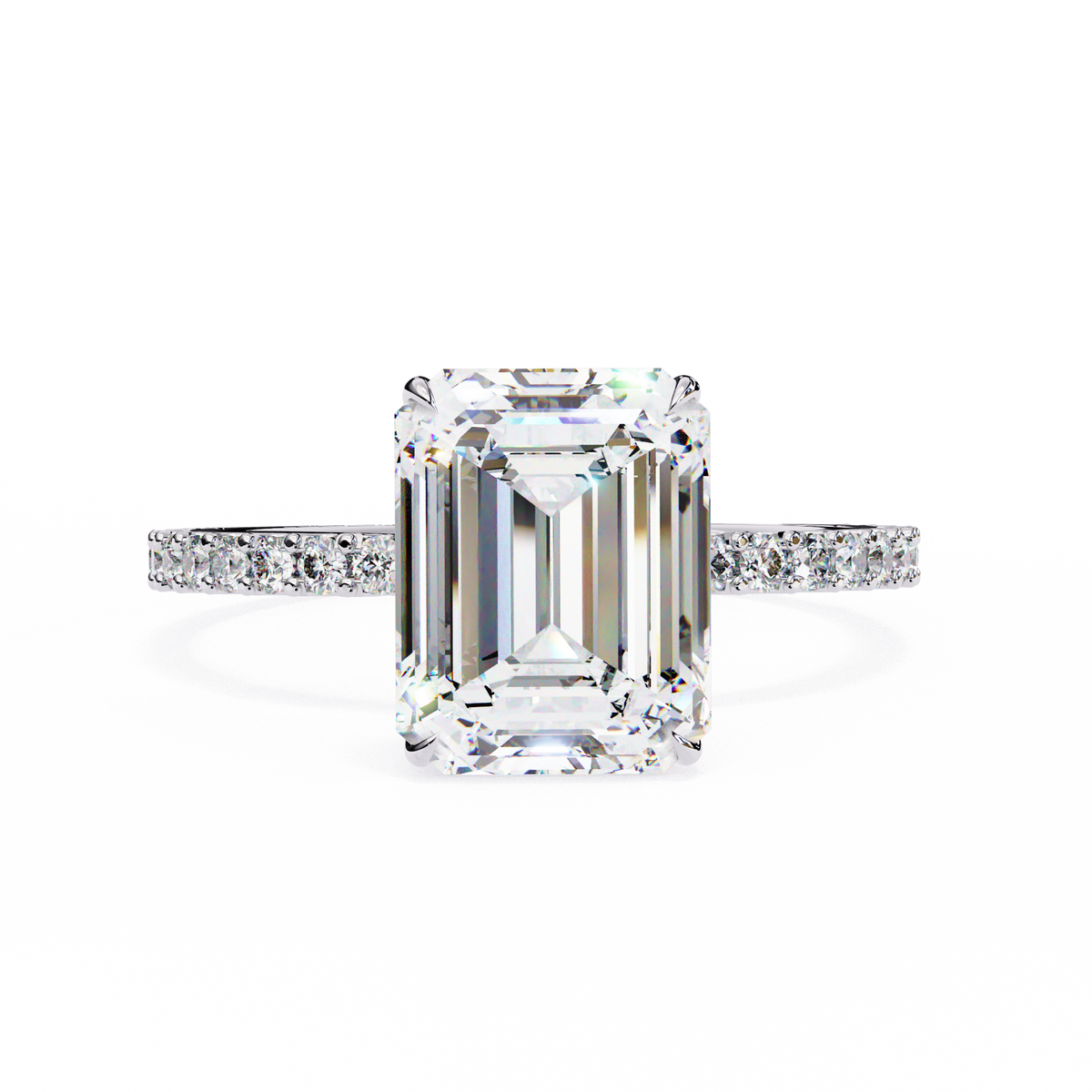 White Gold Emerald-Cut Diamond Solitaire Pavé Engagement Ring