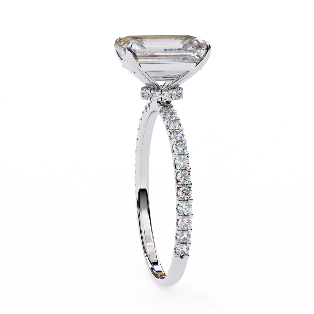 White Gold Emerald-Cut Diamond Solitaire Pavé Engagement Ring