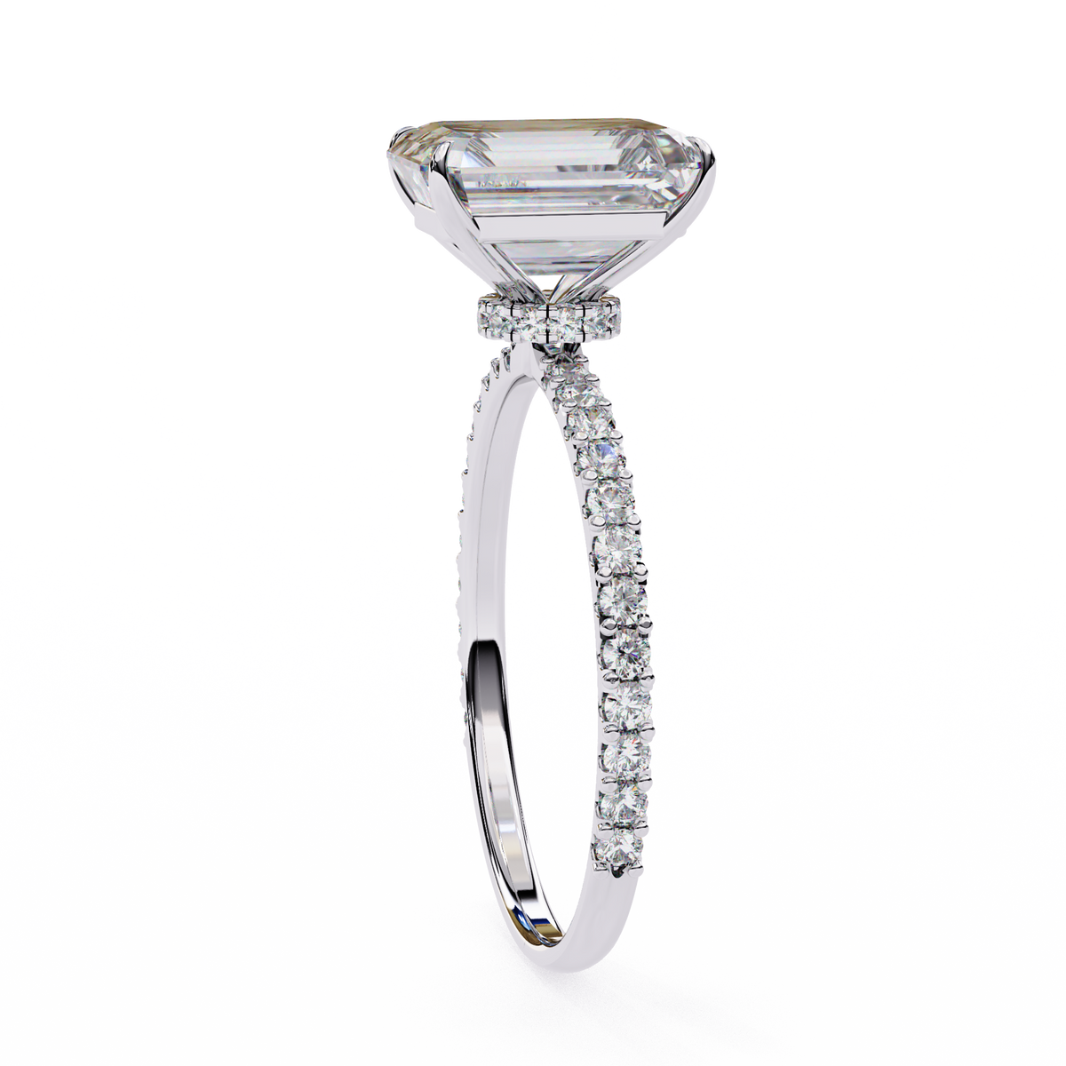 White Gold Emerald-Cut Diamond Solitaire Pavé Engagement Ring