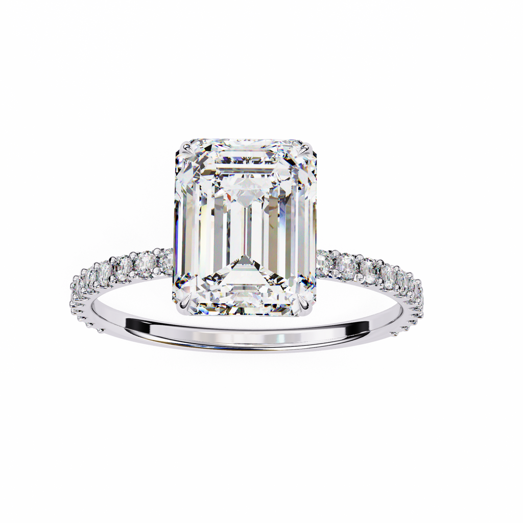 White Gold Emerald-Cut Diamond Solitaire Pavé Engagement Ring