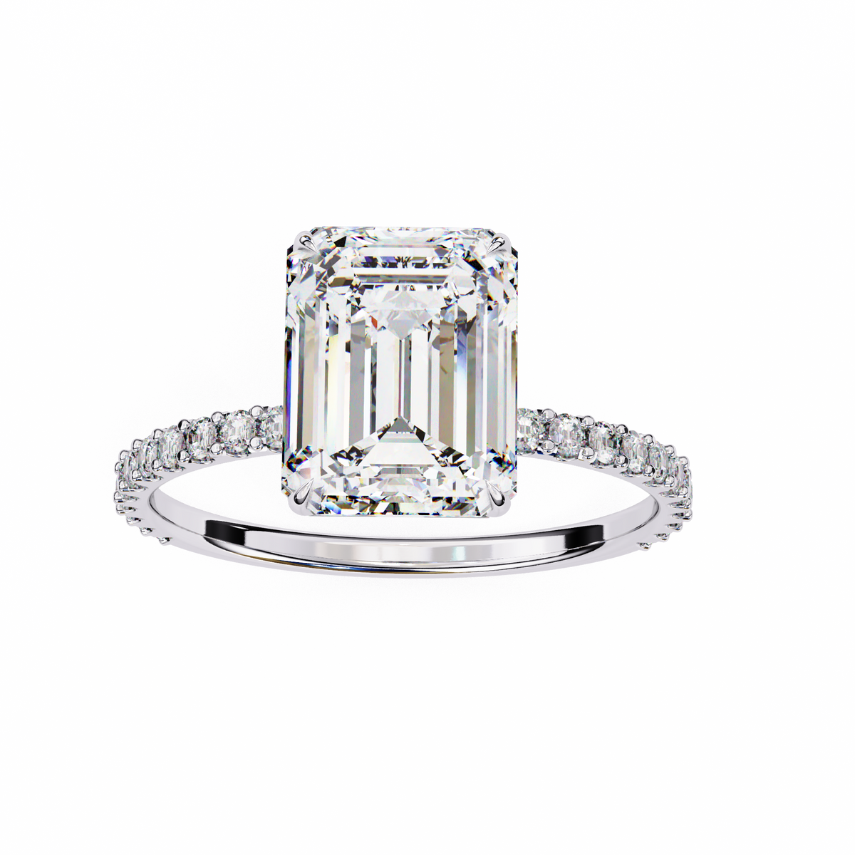 White Gold Emerald-Cut Diamond Solitaire Pavé Engagement Ring