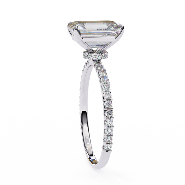 White Gold Emerald-Cut Diamond Solitaire Pavé Engagement Ring