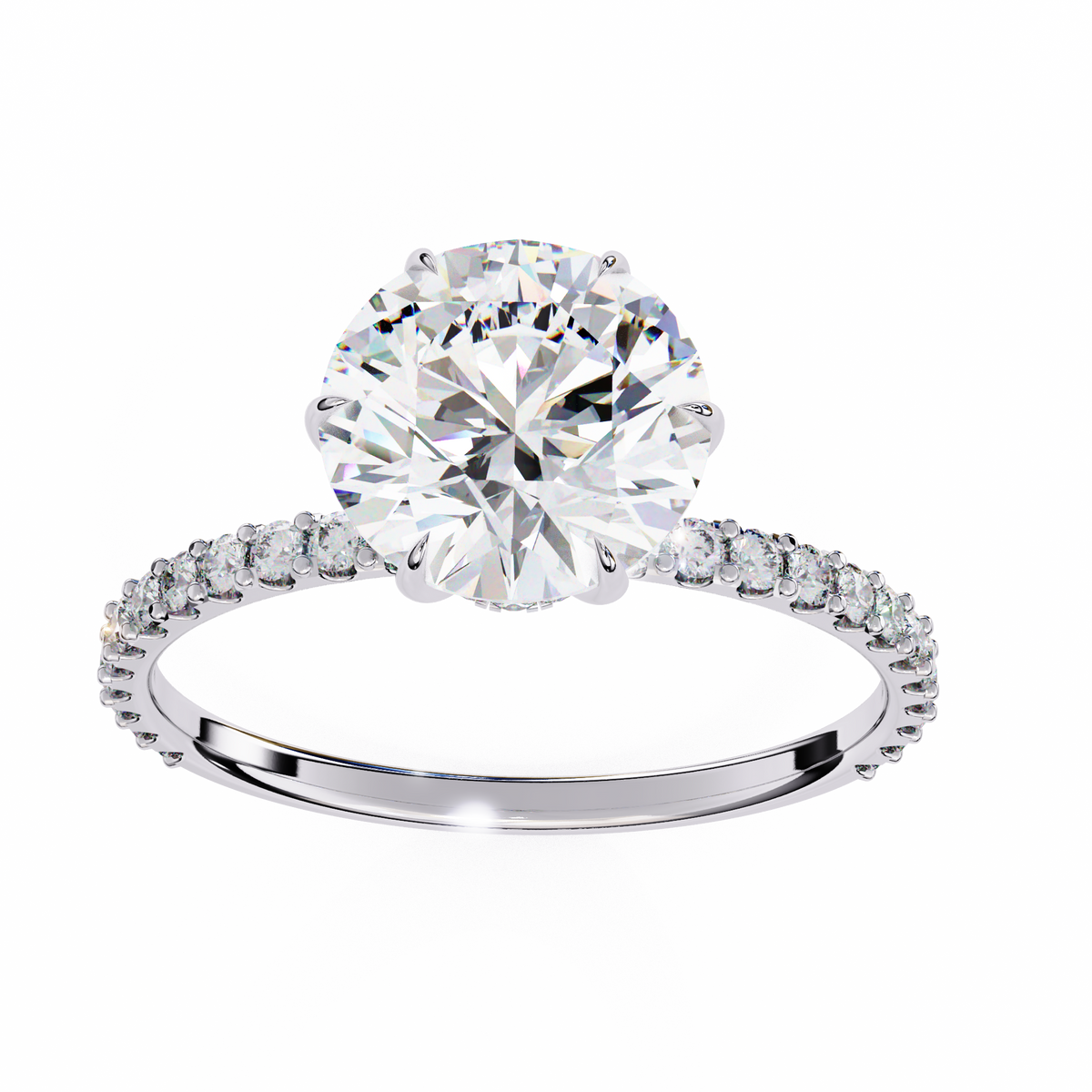 White Gold Round Diamond Solitaire Pavé Engagement Ring