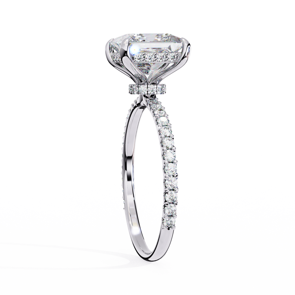 White Gold Princess Cut Diamond Ring with Hidden Halo and Pavé Band