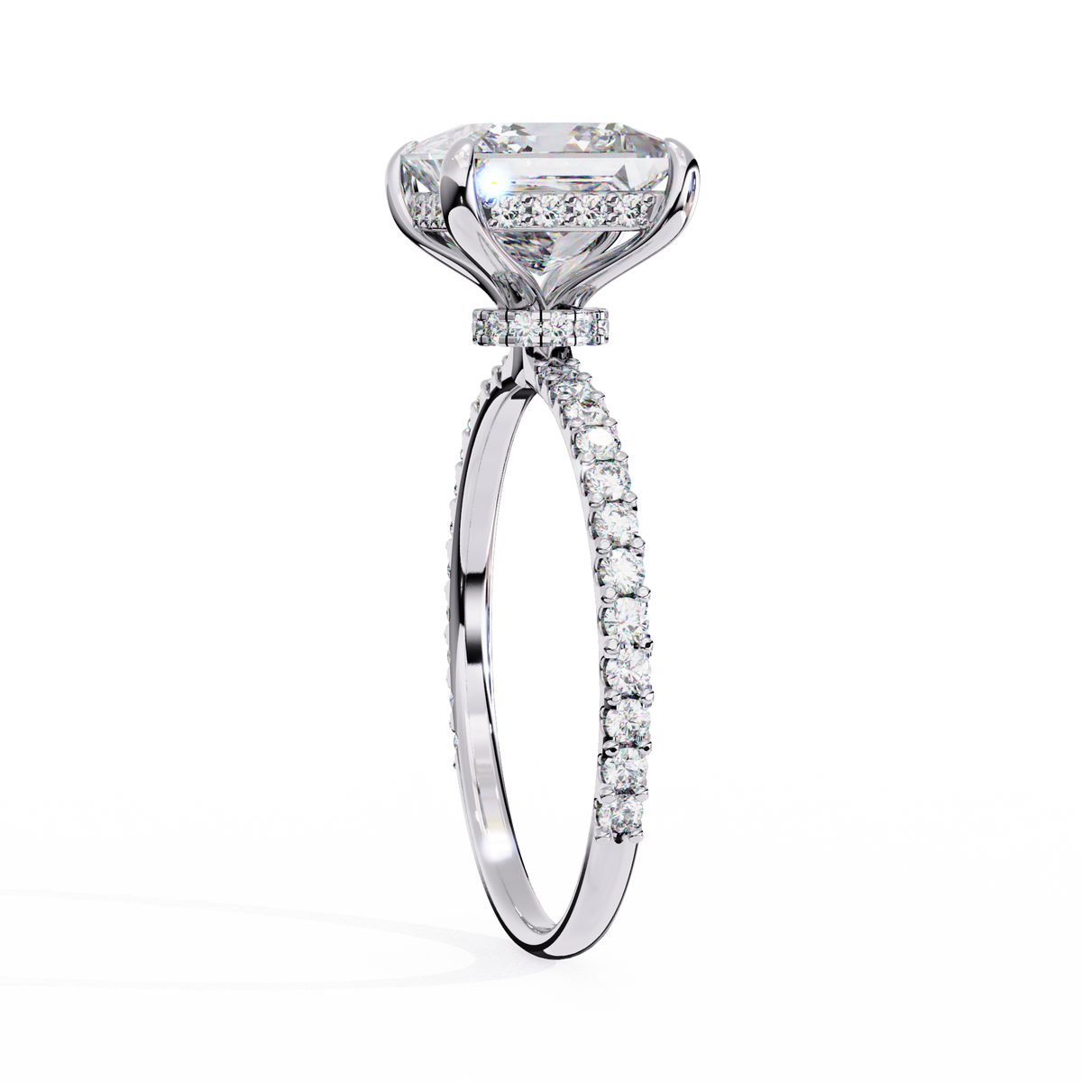 White Gold Princess Cut Diamond Ring with Hidden Halo and Pavé Band