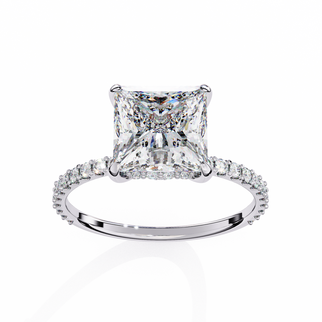 White Gold Princess Cut Diamond Ring with Hidden Halo and Pavé Band