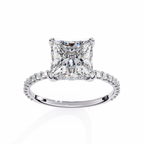 White Gold Princess Cut Diamond Ring with Hidden Halo and Pavé Band