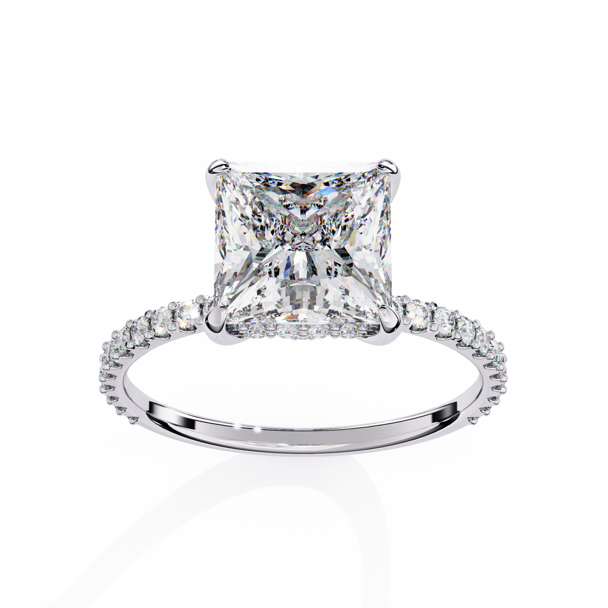White Gold Princess Cut Diamond Ring with Hidden Halo and Pavé Band