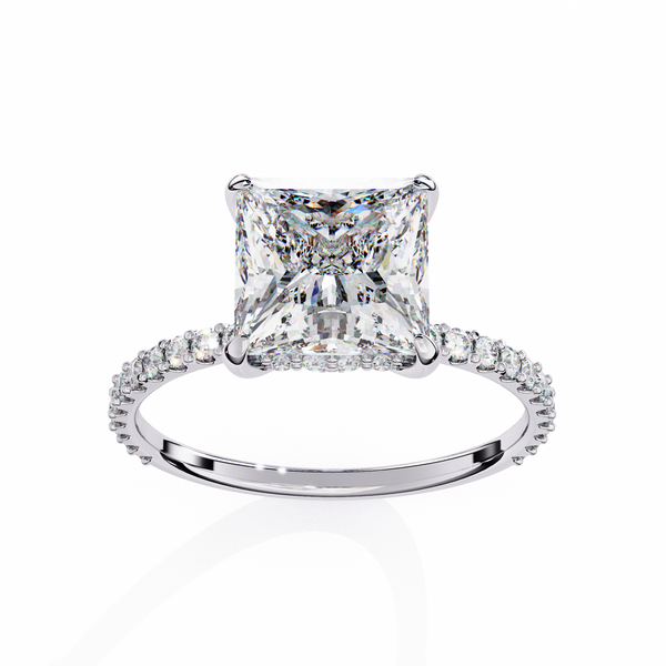 White Gold Princess Cut Diamond Ring with Hidden Halo and Pavé Band