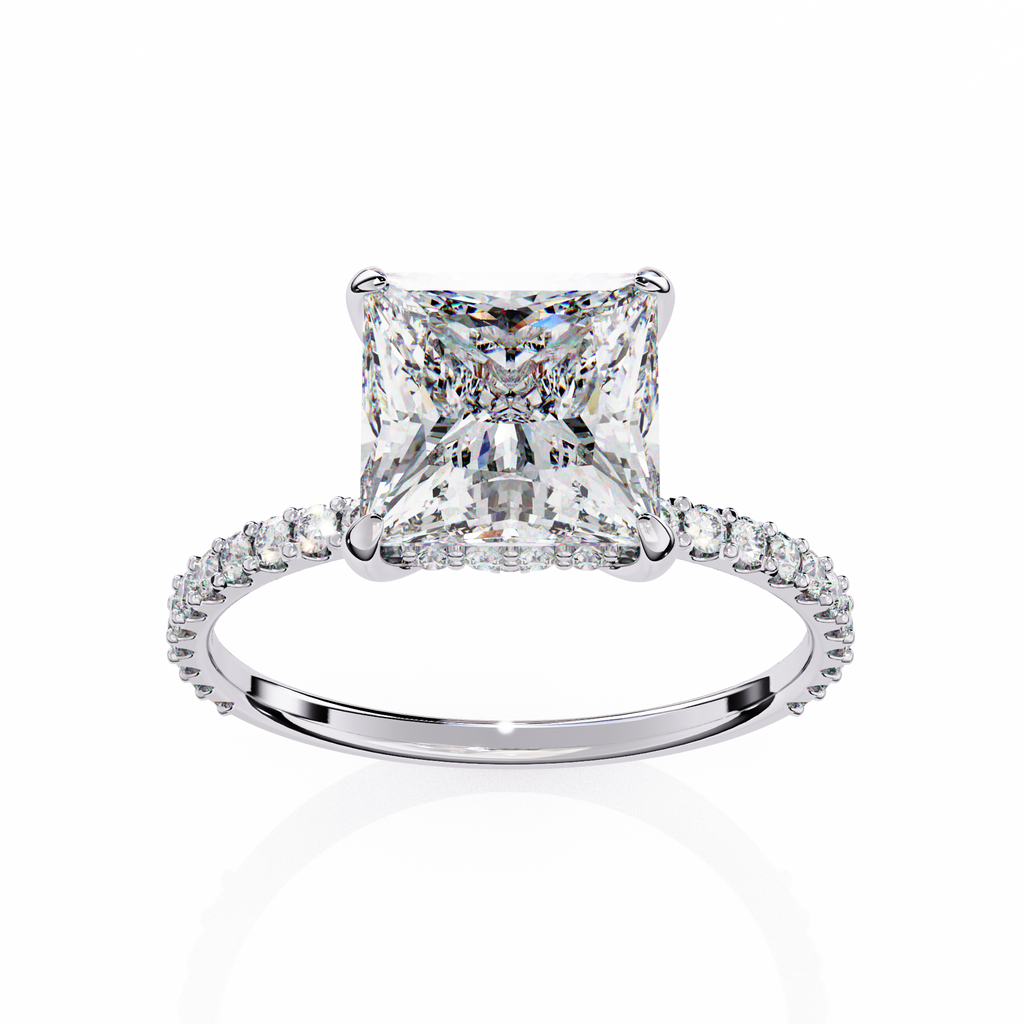 White Gold Princess Cut Diamond Ring with Hidden Halo and Pavé Band