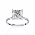 White Gold Princess Cut Diamond Ring with Hidden Halo and Pavé Band
