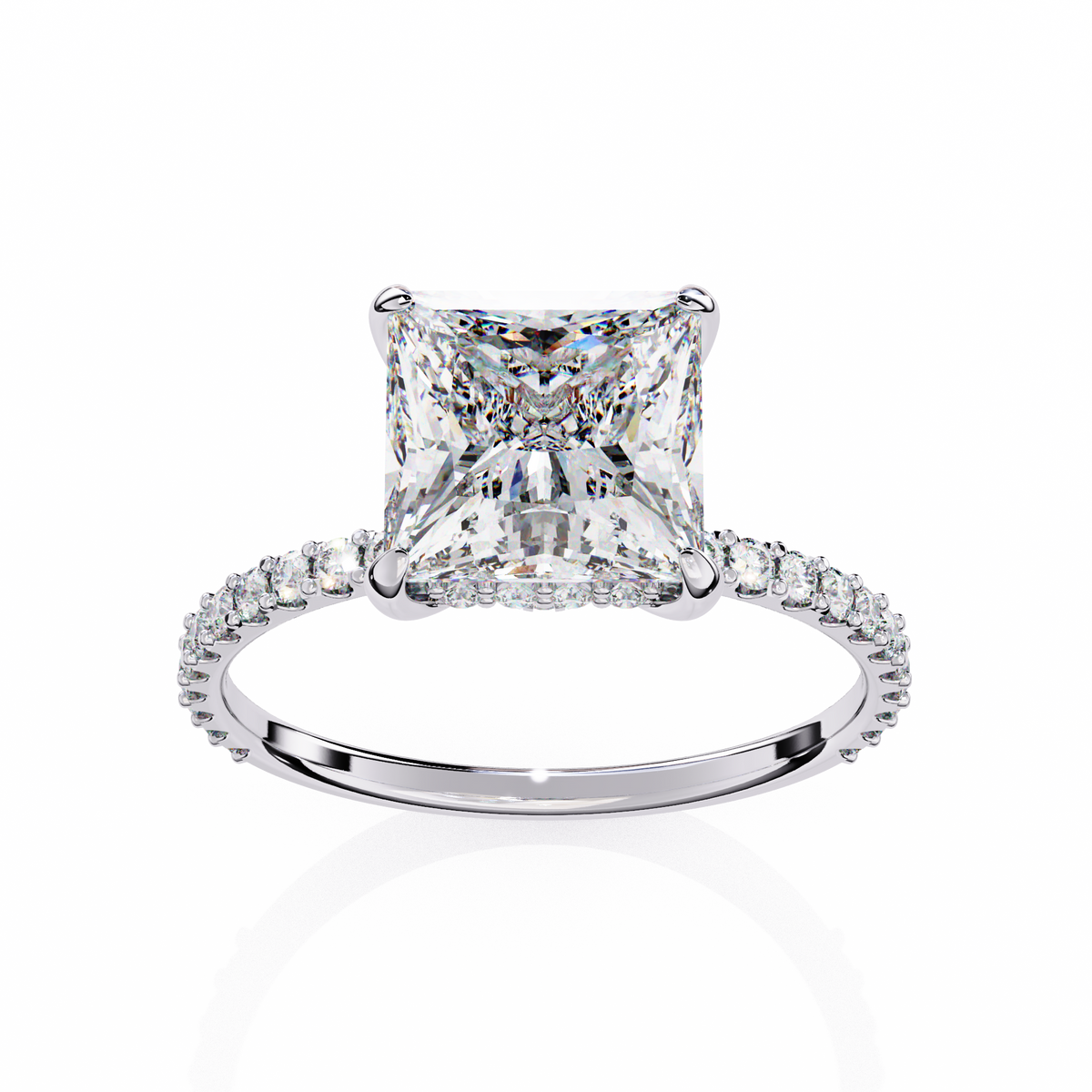 White Gold Princess Cut Diamond Ring with Hidden Halo and Pavé Band