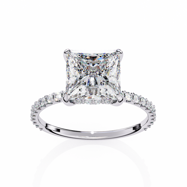 White Gold Princess Cut Diamond Ring with Hidden Halo and Pavé Band