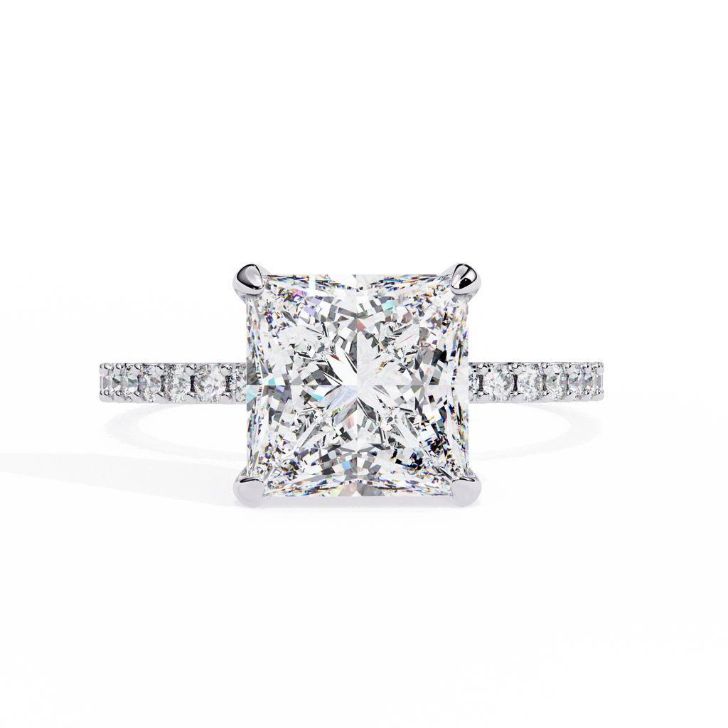 White Gold Princess Cut Diamond Ring with Hidden Halo and Pavé Band