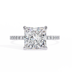 White Gold Princess Cut Diamond Ring with Hidden Halo and Pavé Band
