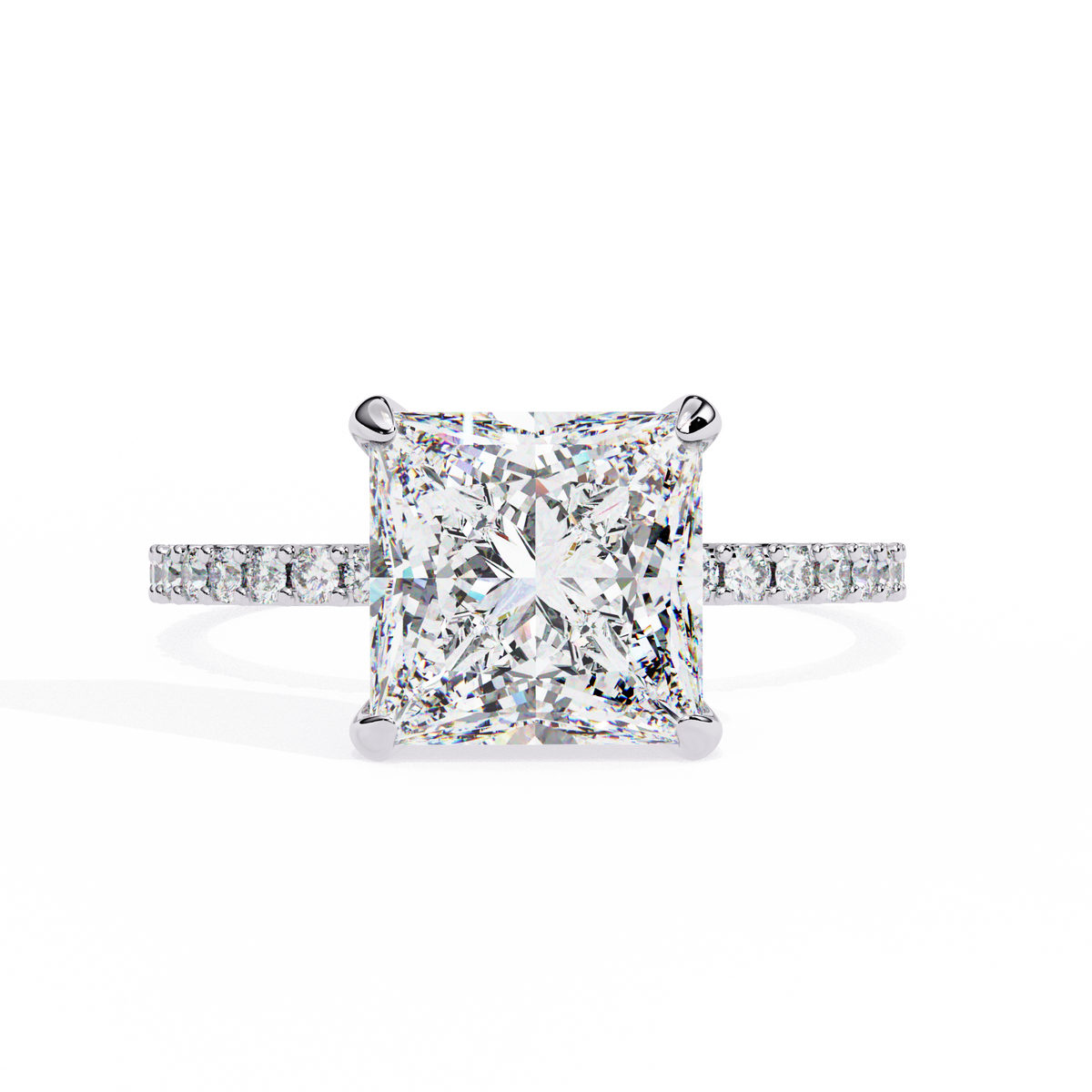 White Gold Princess Cut Diamond Ring with Hidden Halo and Pavé Band