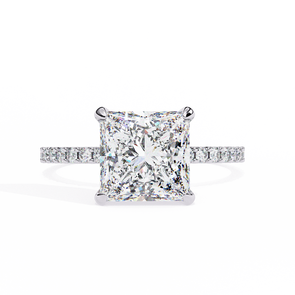 White Gold Princess Cut Diamond Ring with Hidden Halo and Pavé Band