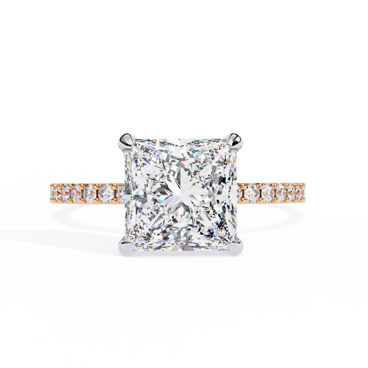 Rose Gold Princess Cut Diamond Ring with Two-Tone Prongs and Pavé Shoulders