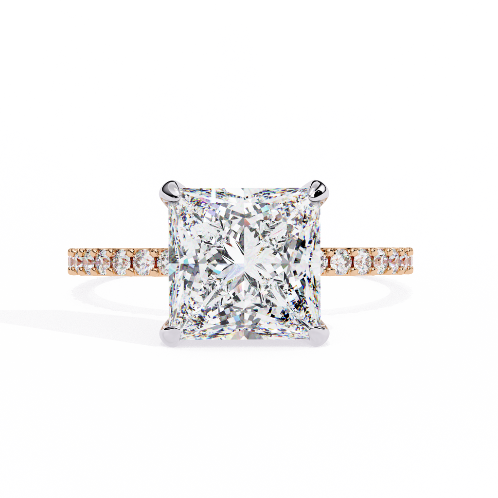 Rose Gold Princess Cut Diamond Ring with Two-Tone Prongs and Pavé Shoulders