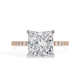 Rose Gold Princess Cut Diamond Ring with Two-Tone Prongs and Pavé Shoulders