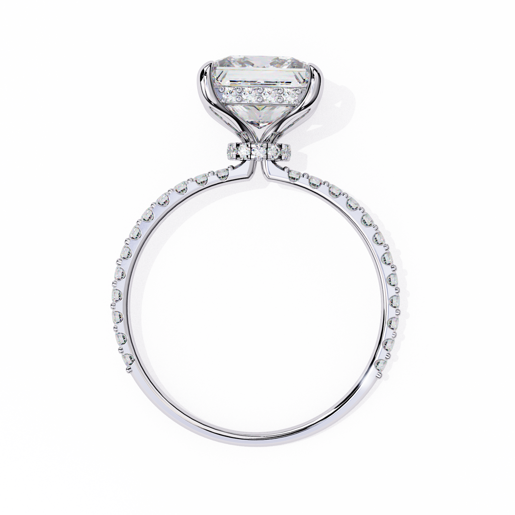 White Gold Princess Cut Diamond Ring with Hidden Halo and Pavé Band