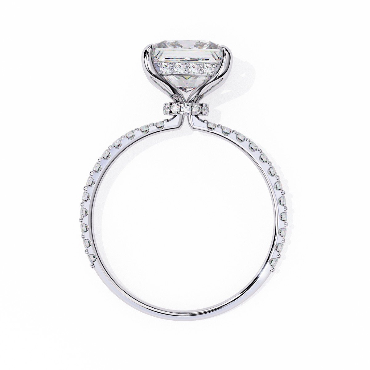 White Gold Princess Cut Diamond Ring with Hidden Halo and Pavé Band