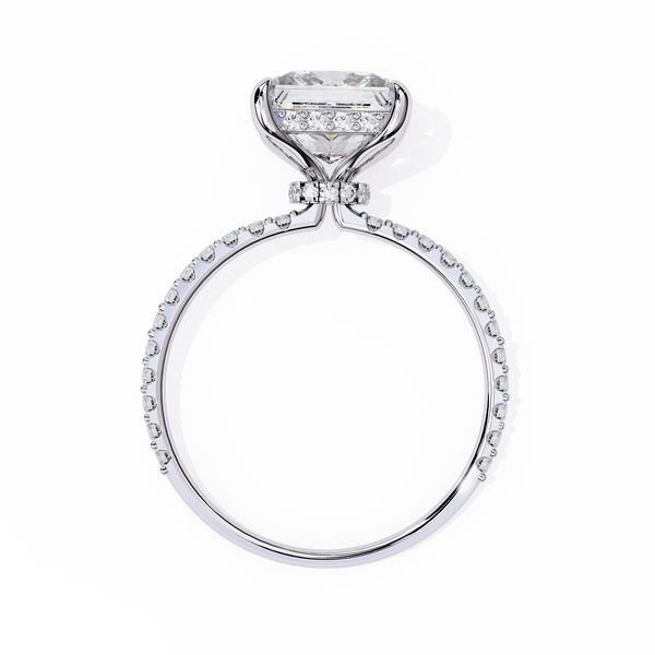 White Gold Princess Cut Diamond Ring with Hidden Halo and Pavé Band