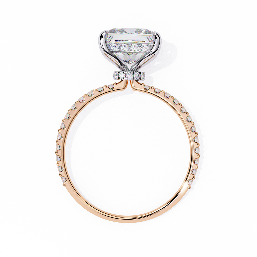 Rose Gold Princess Cut Diamond Ring with Two-Tone Prongs and Pavé Shoulders