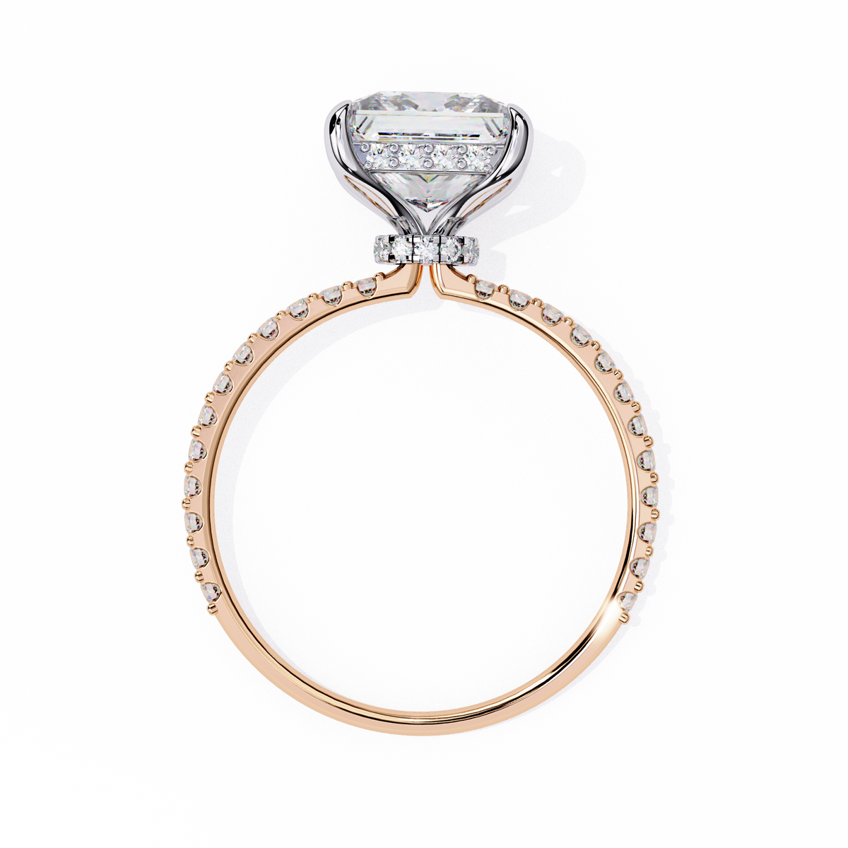 Rose Gold Princess Cut Diamond Ring with Two-Tone Prongs and Pavé Shoulders