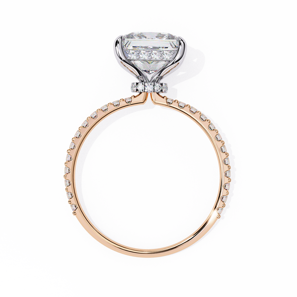 Rose Gold Princess Cut Diamond Ring with Two-Tone Prongs and Pavé Shoulders