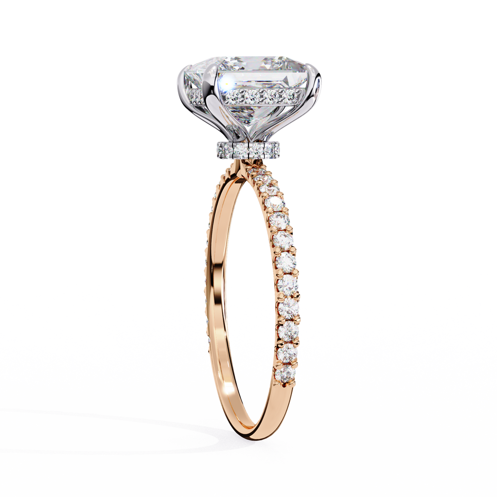 Rose Gold Princess Cut Diamond Ring with Two-Tone Prongs and Pavé Shoulders
