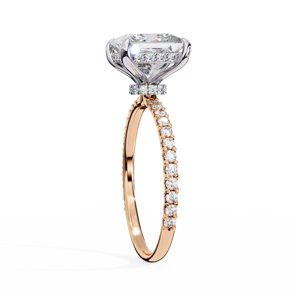 Rose Gold Princess Cut Diamond Ring with Two-Tone Prongs and Pavé Shoulders